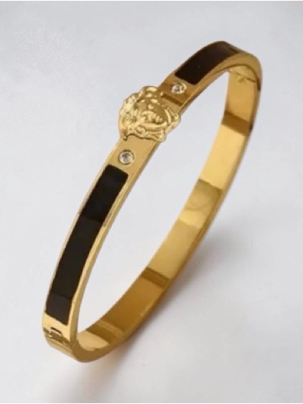 Gold-Tone Black Enamel Bangle Bracelet with Crystal Accents & Medusa Detail | Ne